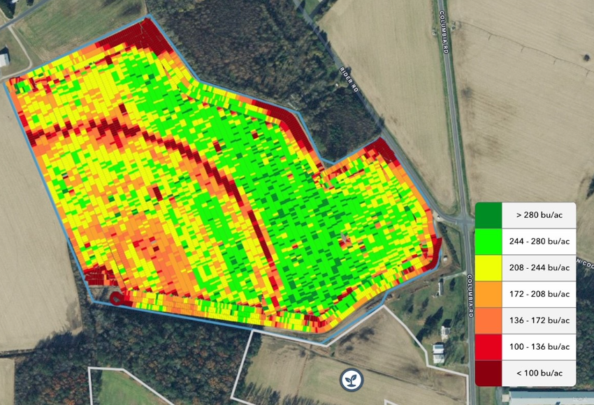 Figure 3 - Yield Map Demonstrating 100+ bu/a Yield Loss from Poor Uniformity. Photo provided by: James Adkins