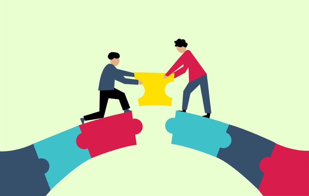 Illustration two people building bridge with puzzle pieces