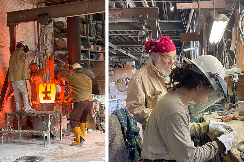 Workers pour molten bronze into molds at a foundry, while Daisy Diamond finishes a cast piece with John Ranally.