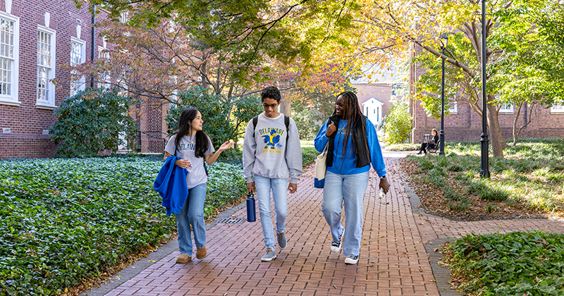 College students dressed in University of Delaware t-shirts and sweatshirts walk along a tree-lined red brick pathway on The Green at the University of Delawares, next to a red brick academic building on a sunny fall day.