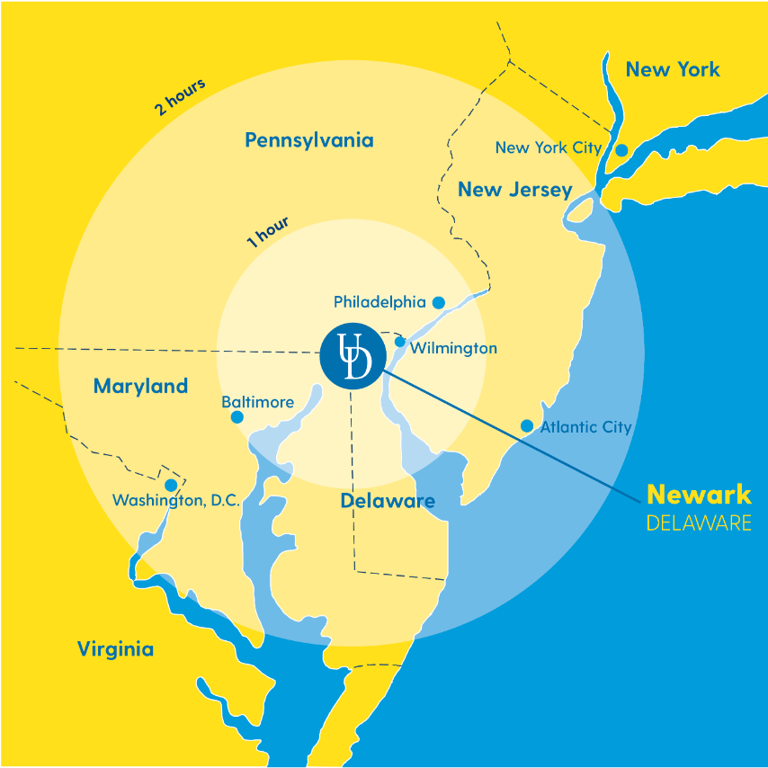 Map of Delaware showing Newark, Delaware as UD