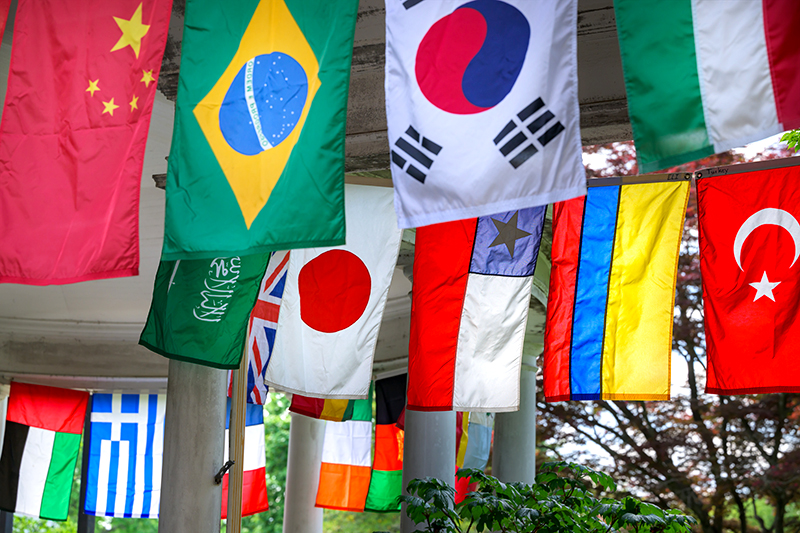 Rows of colorful national flags of countries from around the world, hanging from the porch of the English Language Institute at the University of Delaware