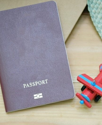 A passport placed on a desk.