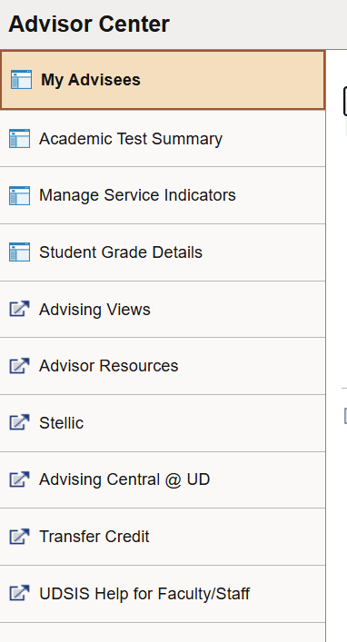 UDSIS Advisor Center menu