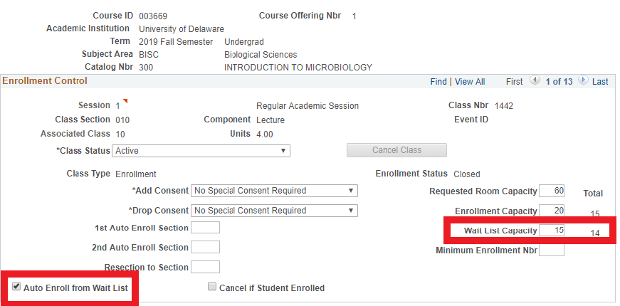 Enrollment Waitlist Capacity button