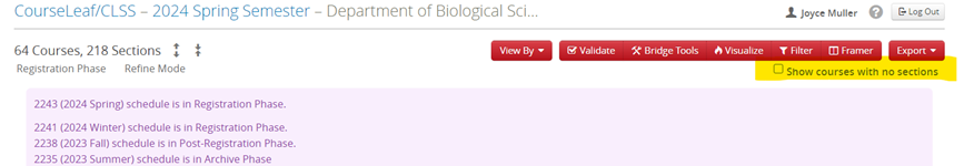 CLSS button to show courses with no sections