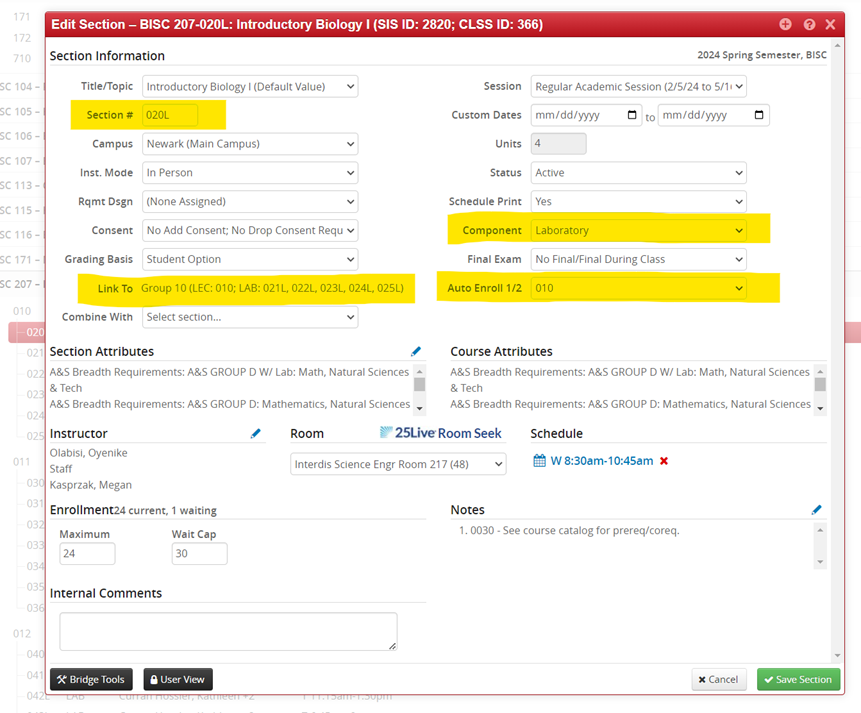 Section editor screen in CLSS