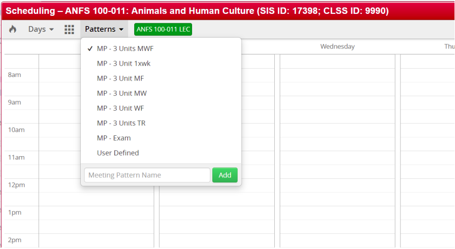 Patterns dropdown in CLSS for standard pattern