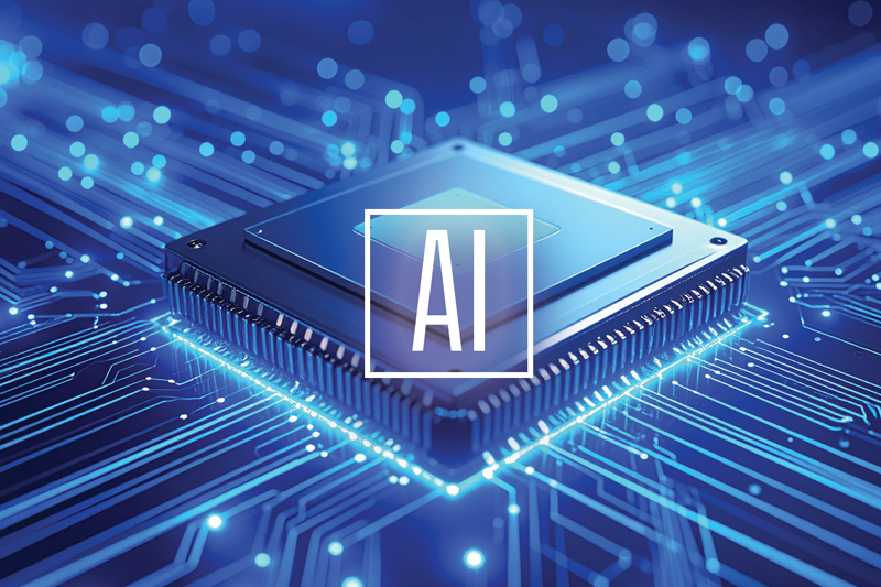 digital image of a computer chip with connecting circuits and the word AI