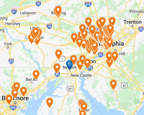 Map of Delaware and surrounding areas with google pins 