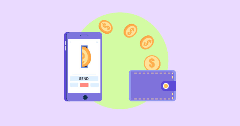Illustration of a phone sending money to a wallet.