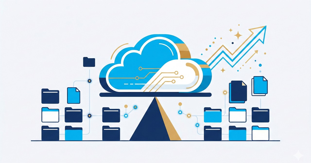 A modern infographic illustration showing a large cloud with circuits, balanced on a fulcrum among organized blue and grey folders and files, with a blue and gold upward-trending growth arrow.