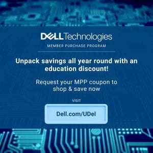 Promotional graphic for Dell Technologies' Member Purchase Program featuring text that offers year-round savings with an education discount. It instructs viewers to request a coupon to shop and save, and provides a call-to-action button with the link "Dell.com/UDel." The background is blue with circuit board patterns.