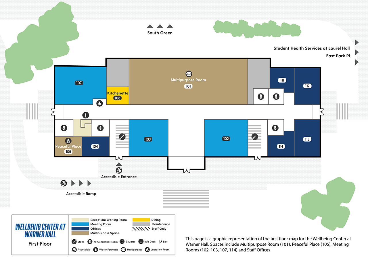 Warner Hall first floor map showing a large multipurpose study area with smaller meeting rooms and offices
