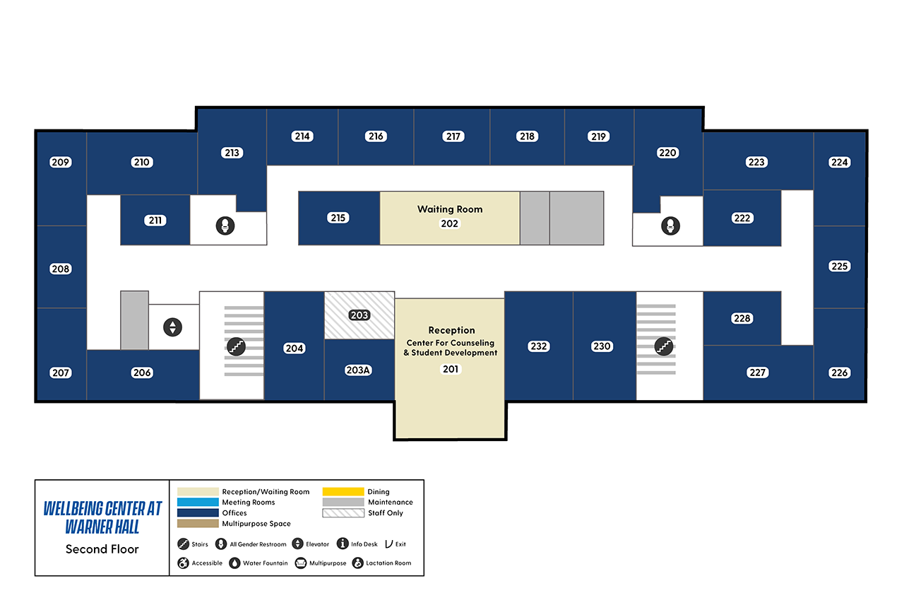 Warner Hall second floor map showing the Center for Counseling and Student Development reception, a waiting area across the hall and staff offices