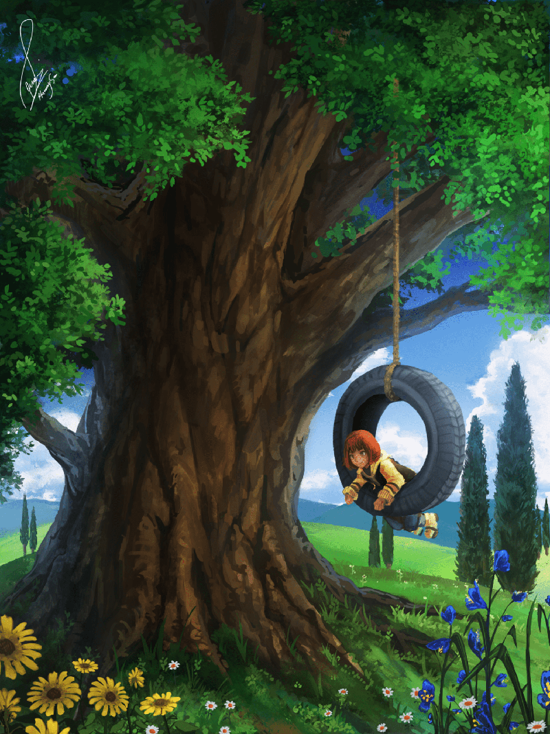 Illustration of a child with red hair on a tire swing hanging from a large tree, surrounded by hills and flowers