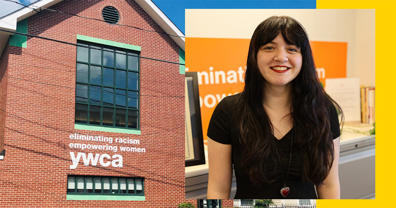 Exterior photo of YWCA Delaware on left and headshot of Rachel Brieger on right