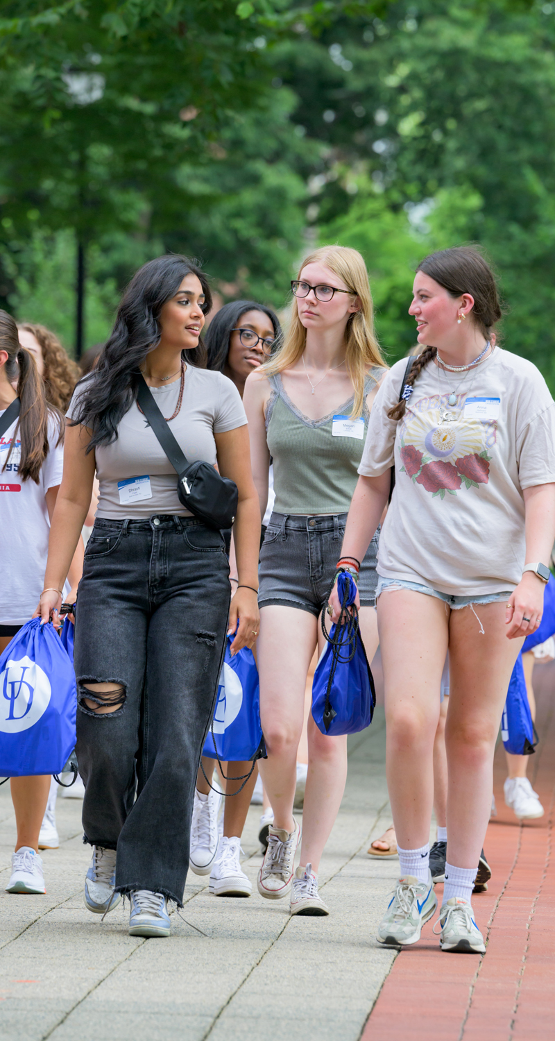 students attending NSO talk while walking on The Green