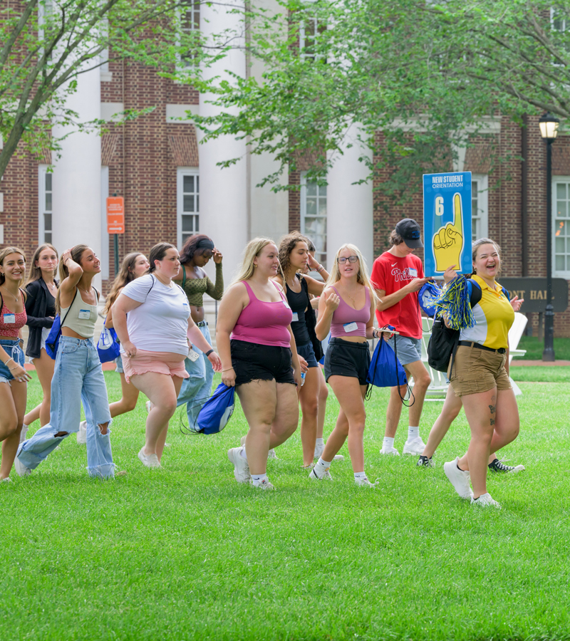 an Orientation Leader leads an NSO group across the Green, holding a sign with a pointing finger and #6