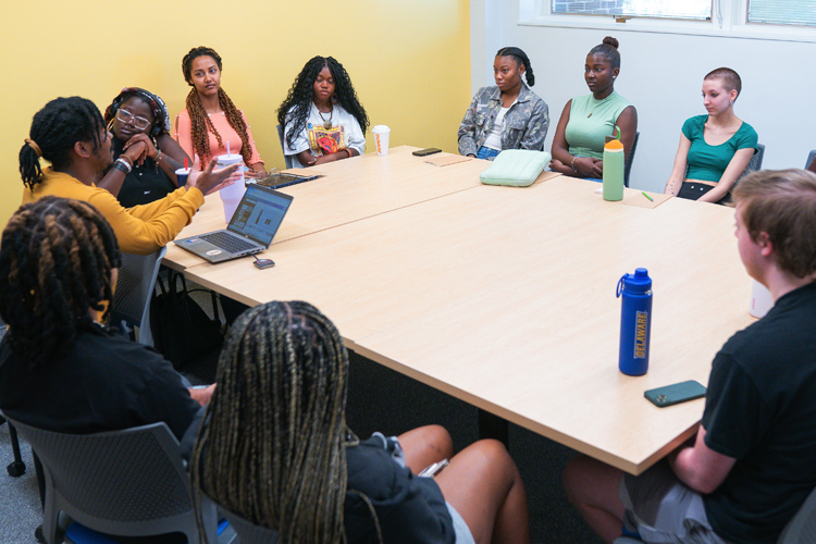 a group of students sit around a table in discussion with an SDI staff member