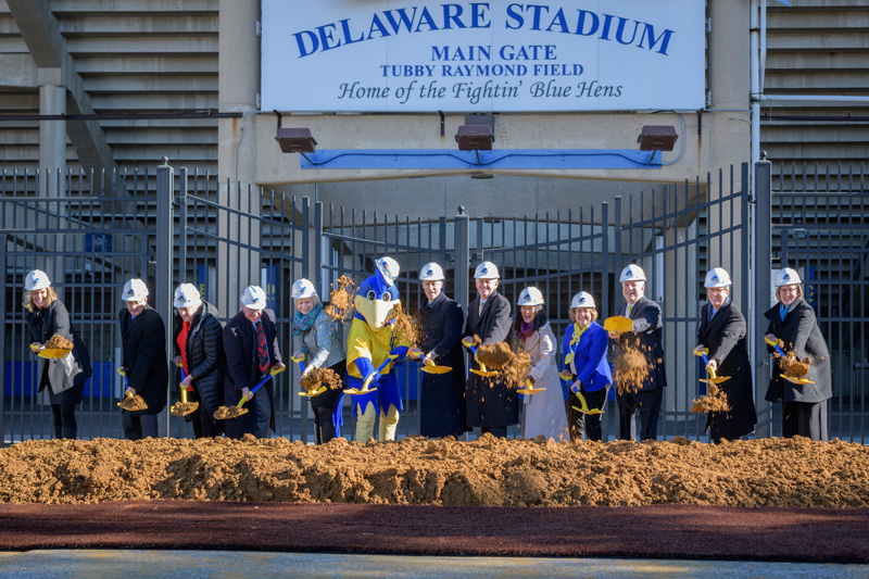 Groundbreaking ceremony for the Whitney Athletic Center, soon to be under construction on the Athletics Campus. Named in honor of Ken and Liz Whitney, who's $10 Million transformation gift forms the cornerstone of the project. - (Evan Krape / University of Delaware)
