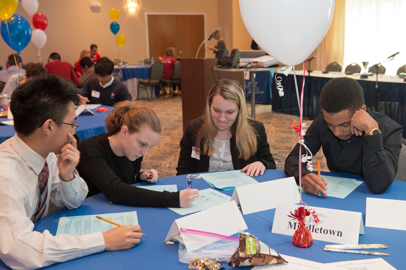Delaware Personal Finance Challenge for high school students hosted by Center for Economic Education & Entrepreneurship (CEEE) held in the Executive Banquet & Conference Center. Attending: approx. 12 teams made up each of four students and one teacher moderator; Bank of America volunteers; and CEEE staff members. Participants are DE high school personal finance class students who have qualified for state competition by achieving top scores on a related online test that each student takes individually. Winning teams of four to compete on campus for state title; teachers are permitted to bring only one team per personal finance class taught (unless teacher produces the top two teams in their county, in which case they are permitted to bring both teams). The overall two top scoring teams that day will go head to head in buzzer quiz bowl competition, each receiving cash prizes.