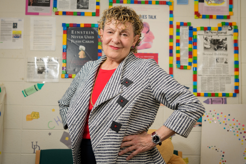 Environmental and posed photos of Roberta Golinkoff, the Unidel H. Rodney Sharp Chair of the School of Education and a professor in Linguistics & Cognitive Science and Psychological & Brain Sciences.