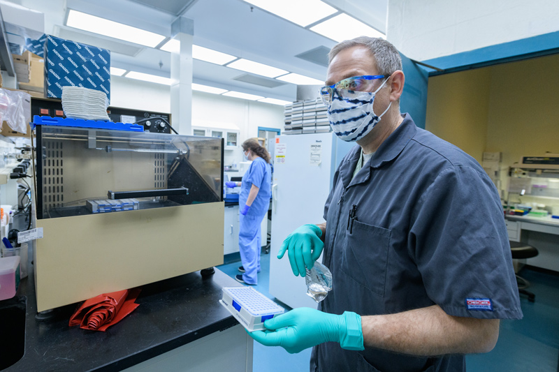 Staff in Brian Ladman’s (pictured) Allen Biotechnology Lab laboratory process COVID-19 tests for UD’s in-house surveillance testing of students, faculty, and staff. The tests are saliva-based, reverse transcriptase polymerase chain reaction (RT-PCR) with results returned the same day, usually within hours of a person providing the testing sample.