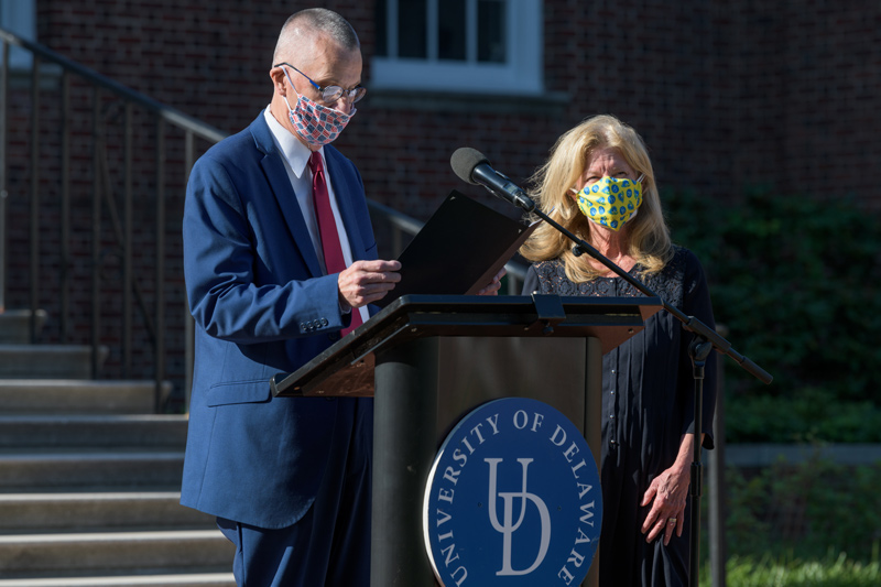 Members of the University and surrounding community gather on the North Central Green to remember and commemorate the 20th anniversary of the terrorist attacks of September 11th, 2001. Marked by remarks from Newark Mayor Jerry Clifton, Delaware State Senate President Pro Tempore David Sokola, Representative Paul Baumbach, Linda Irizarry, Lauren Simione, an invocation by Kim Zitzner and benediction by S Ismat Shah,  national anthem by Sophia DiLeo (Class of 2022), presentation of colors by the Newark Police Department and UDPD combined honor guard, and a flag folding ceremony with US Air Force cadets.