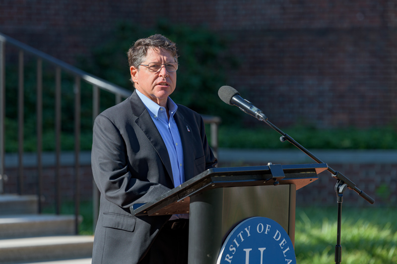 Members of the University and surrounding community gather on the North Central Green to remember and commemorate the 20th anniversary of the terrorist attacks of September 11th, 2001. Marked by remarks from Newark Mayor Jerry Clifton, Delaware State Senate President Pro Tempore David Sokola, Representative Paul Baumbach, Linda Irizarry, Lauren Simione, an invocation by Kim Zitzner and benediction by S Ismat Shah,  national anthem by Sophia DiLeo (Class of 2022), presentation of colors by the Newark Police Department and UDPD combined honor guard, and a flag folding ceremony with US Air Force cadets.
