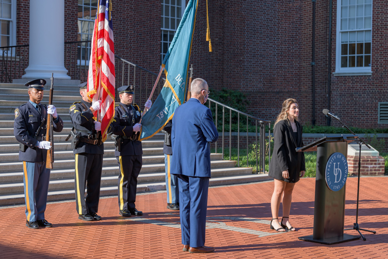 Members of the University and surrounding community gather on the North Central Green to remember and commemorate the 20th anniversary of the terrorist attacks of September 11th, 2001. Marked by remarks from Newark Mayor Jerry Clifton, Delaware State Senate President Pro Tempore David Sokola, Representative Paul Baumbach, Linda Irizarry, Lauren Simione, an invocation by Kim Zitzner and benediction by S Ismat Shah,  national anthem by Sophia DiLeo (Class of 2022), presentation of colors by the Newark Police Department and UDPD combined honor guard, and a flag folding ceremony with US Air Force cadets.