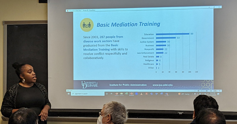 Valdese West, IPA assistant policy scientist and CRP practitioner, shared highlights of the Basic Mediation Training, a four-day training that teaches a facilitative mediation model that empowers individuals in conflict with the tools and support to difficult conversations. 
