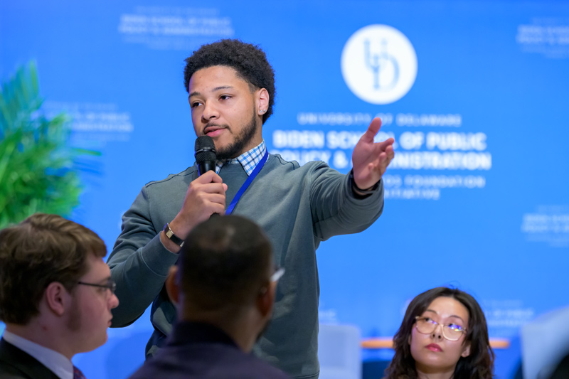 Elijah Winningham, a student at the University of Tennessee, Knoxville, shares his perspective during a student dialogue session.