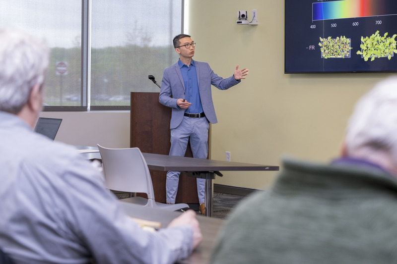Professor Qingwu Meng of the College of Agriculture and Natural Resources gave Fox an update on growing food in space. His research looks at the effects of different light sources on the growth of lettuce and other plants.