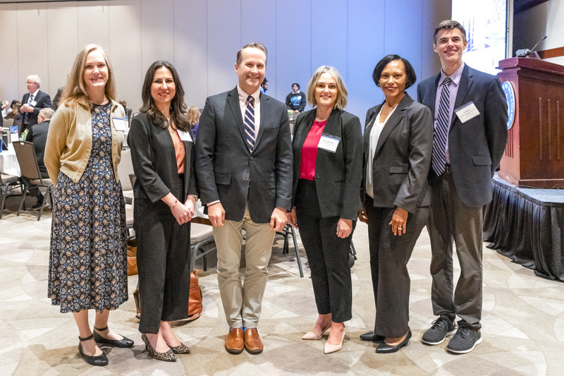 The Provost’s Symposium on Engaged Scholarship drew attendees from Delaware’s institutions of higher education and community organizations. From left to right, Mary Wheeling from Goldey Beacom College, Justina Thomas from Delaware Technical Community College, Matthew Kinservik from the University of Delaware, keynote speaker Rep. Cyndie Romer, Clytrice Watson from Delaware State University, and Rick Beno from Wilmington University. 
