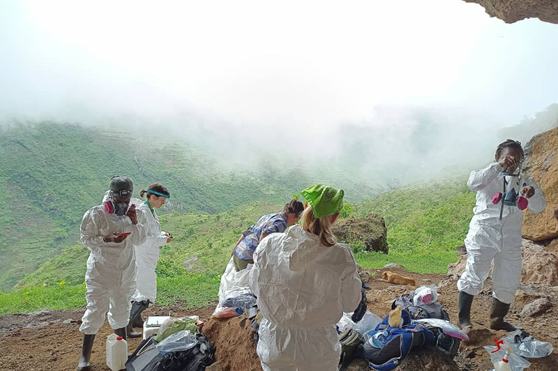 Kading’s team members from Colorado State University and Makerere University use acoustic monitoring and GPS tracking technologies to  gather data on the distribution of bat species at Chekwobutoi cave in Kween District, Uganda. 