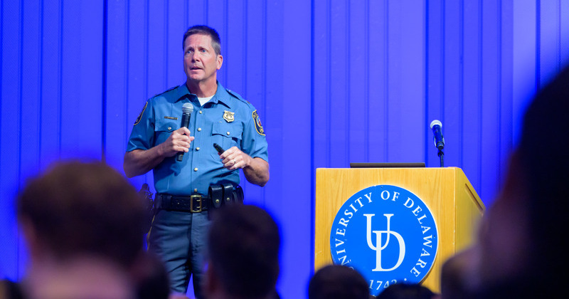 UD Police Chief Pat Ogden speaks to students