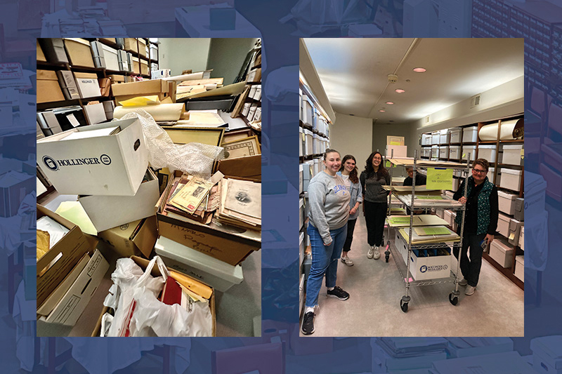 Two weeks of “conservation triage" helped the team of (from left to right) Emily Collopy, Samantha Hertel, Akimah Kumar, Lu Ann De Cunzo and Leigh Rifenburg turn the library annex into an organized space ready for the next steps.