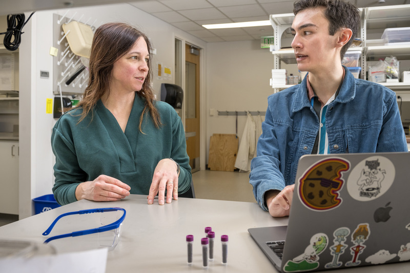 Tara Trammel, John Bartram Associate Professor of Urban Forestry, and Wu examine data related to Wu’s senior thesis. Wu worked with Trammel during his first UD research experience as a first-year student. 