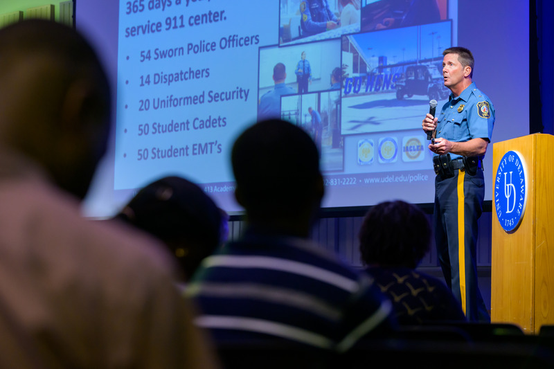 University of Delaware Police Chief Patrick Ogden discusses his department and general campus safety measures during the annual Graduate Student Orientation in fall 2023.