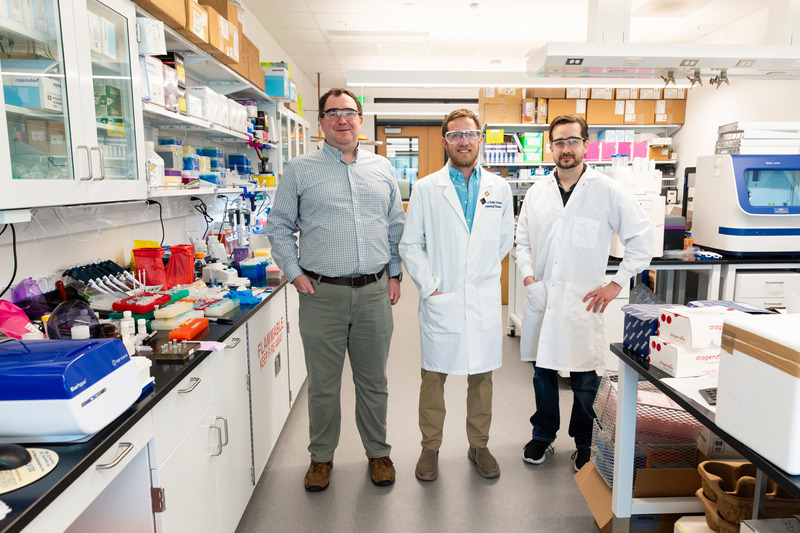 From left to right, Shawn Polson, director of the Bioinformatics Data Science Core at UD’s Center for Bioinformatics and Computational Biology and Delaware INBRE, and research professor in the College of Engineering’s Department of Computer and Information Sciences; Ibra Fancher, assistant professor of kinesiology and applied physiology; Mark Shaw, research associate in UD’s Sequencing and Genotyping Center at the Delaware Biotechnology Institute, collaborated on this research.