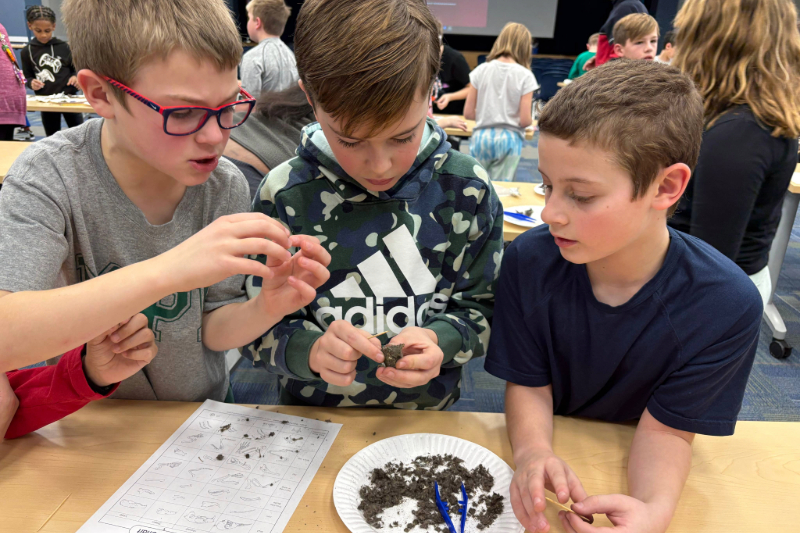 Students at Mount Pleasant Elementary School dissect and explore the contents of an owl pellet during an hands-on life science lesson led by Cobb. 