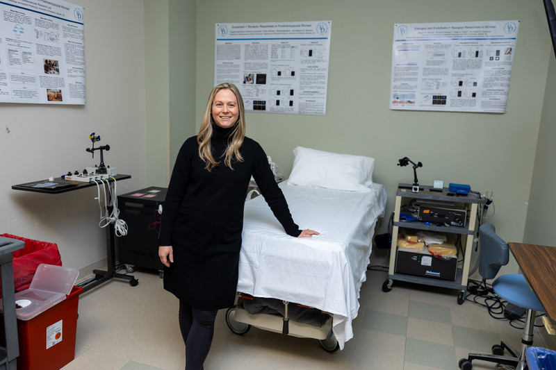 Megan Wenner, associate professor of kinesiology and applied physiology, is conducting research that focuses on how menopause-driven hormonal shifts contribute to heart disease in women, potentially paving the way for targeted treatments that improve heart health outcomes for women. 