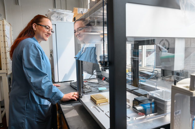 Graduate researcher Rebecca Colandrea works in the High Throughput Experimentation and Chromatography (HiTEC) Core, which makes it possible to pull complex mixtures of compounds apart and analyze them quickly.