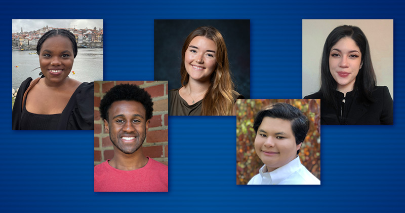 The University of Delaware’s five Fulbright U.S. Student Program recipients for 2025 are (left to right) Ayla Wallace, Donovan Aldridge, Emma Knapp, Alex Dwornikowski and Zoey Avery. All recipients are from the College of Arts and Sciences, and one of those graduates is also in the Biden School. There are two honors graduates, two World Scholars and two students from the Graduate College.
