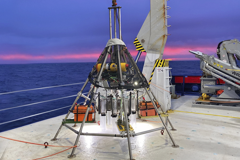 A multicorer was used to collect short sediment cores. Researchers extracted the water residing in the pore spaces of the sediment. This water is called porewater, and researchers measured its concentrations to estimate how many rare earth elements are reaching the ocean from the sediment. 