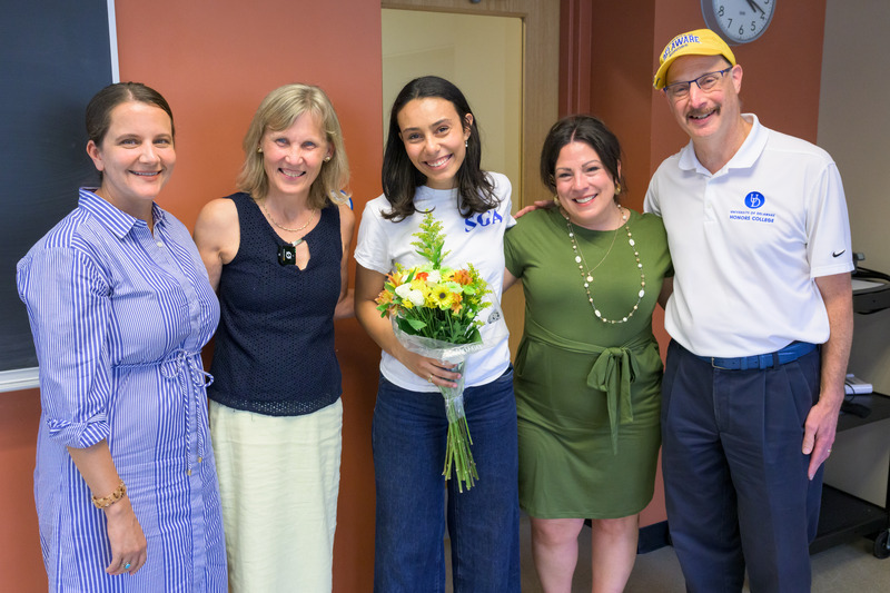 Celebrating Truman Scholar success. From left to right: Laura De Furio, ONF director; President Carlson; Troncoso; Kristin Bennighoff, ONF associate director, and Michael Chajes, interim vice provost for undergraduate education and dean of the Honors College. 