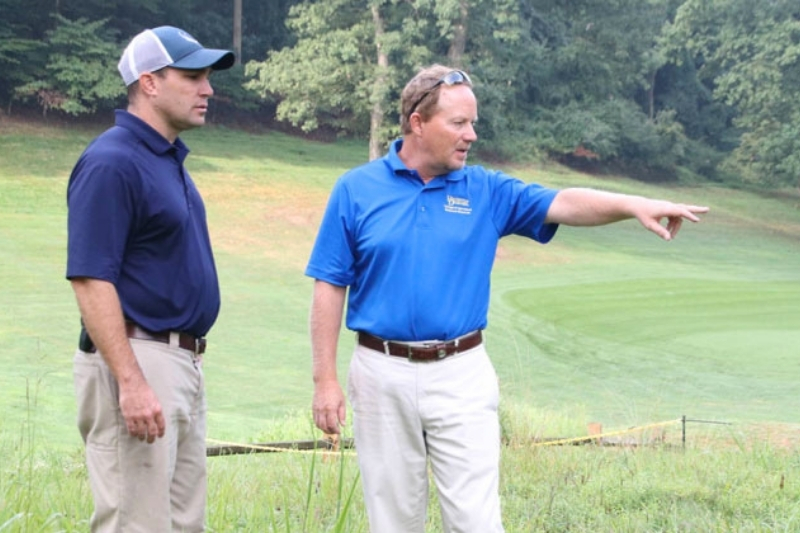 Erik Ervin (right) worked with John Jacob (left) of Deerfield Golf Club and other Delaware golf courses on choosing beneficial native plants for out-of-play areas. Ervin’s research expertise is in turfgrass and horticultural systems. 