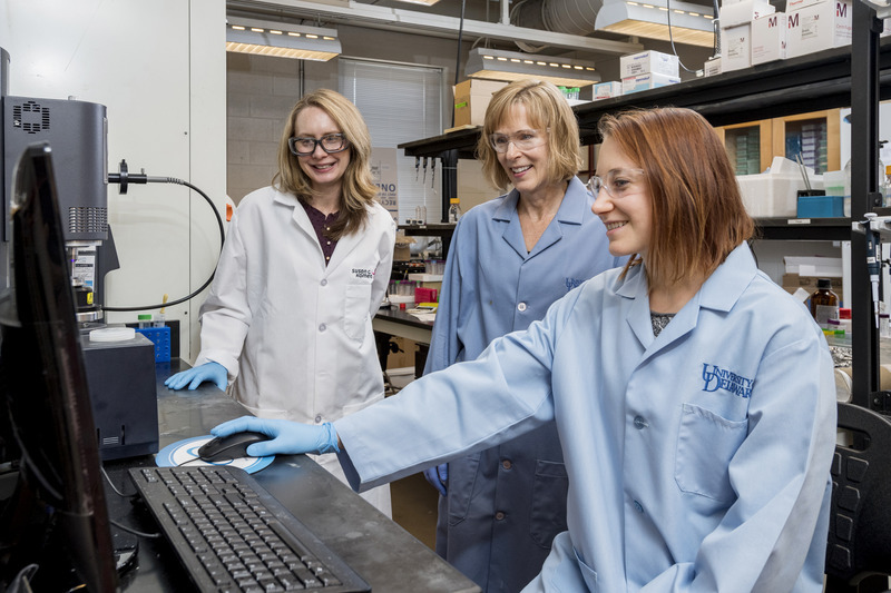 Dr. Kiick was a mentor to both students and colleagues alike. Kiick is pictured here (center) collaborating in the lab with Prof. April Kloxin (left) and then-graduate student Paige LeValley (right).