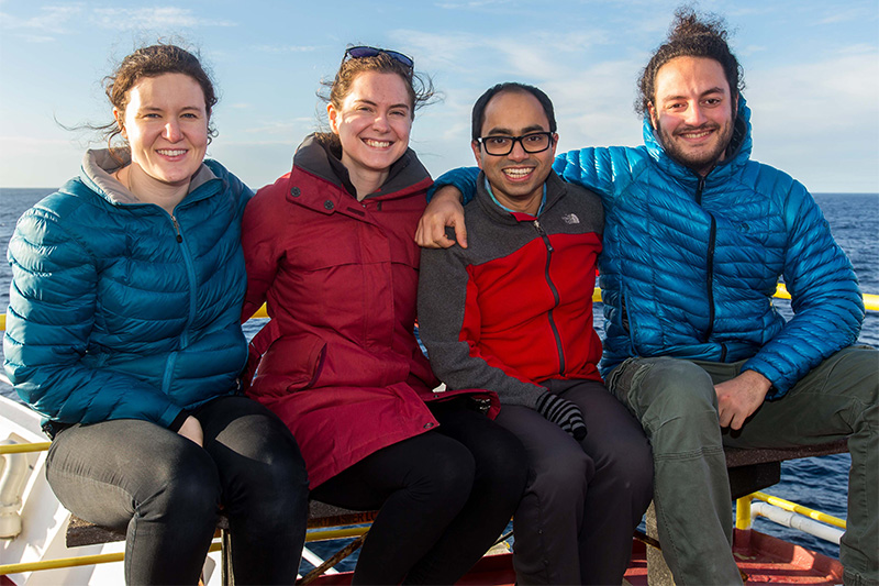 Basak (third from left) is pictured during the research cruise with other geochemists onboard, (left to right) Rebecca Smith, Lisa Herbert and Simone Moretti. 